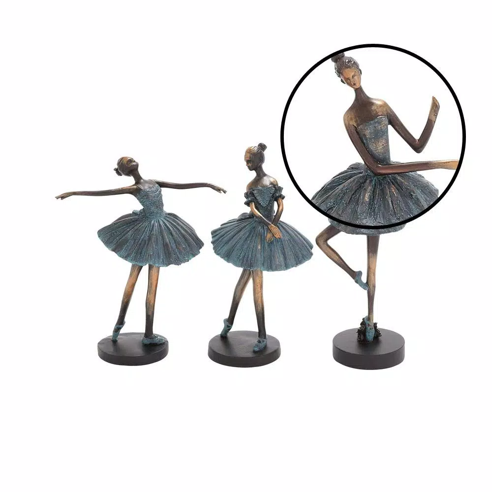 LITTON LANE Polystone Ballerina Tutu Sculptures Set of 3 - Teal and Brown Decorative Statues