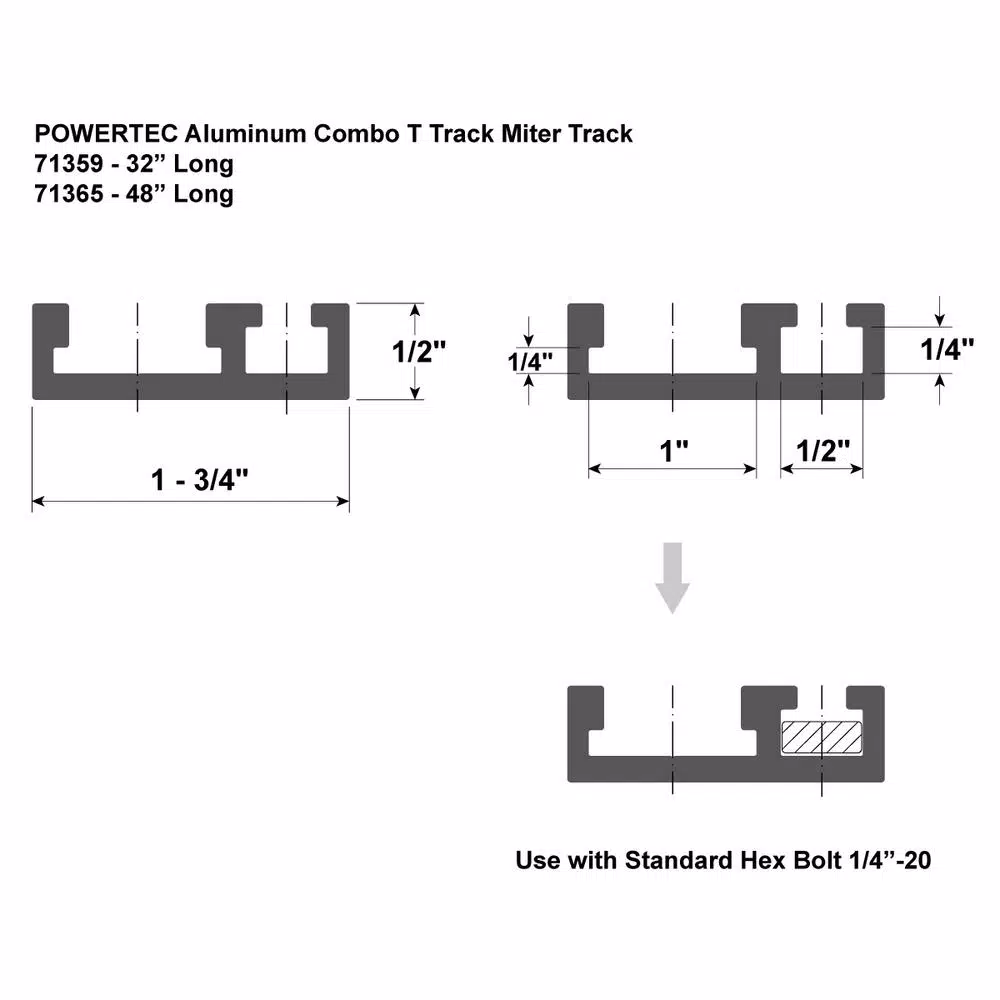 POWERTEC 32 in. Dual Track Aluminum Combo T-Track and Miter Track for Woodworking