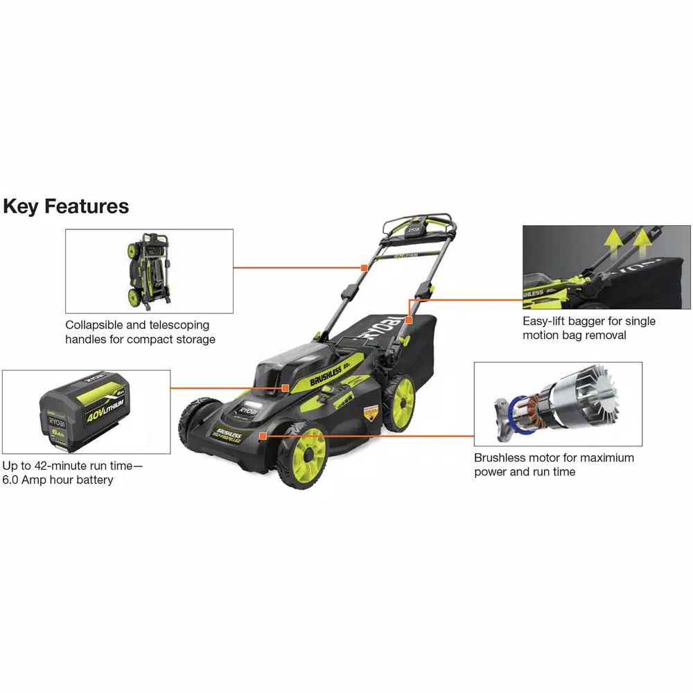 RYOBI 40V 20 in. Brushless Cordless Self-Propelled Lawn Mower with 6.0 Ah Battery and Charger