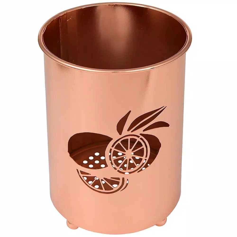 Creative Home Copper Plated Metal Utensil Holder with Laser Cut Lemon Motif Kitchen Tool Crock