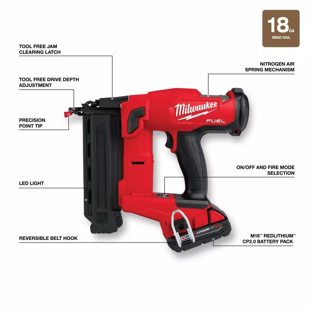 Milwaukee M18 FUEL 18-Gauge Gen II Cordless Brad Nailer Kit with Battery, Charger & Safety Glasses