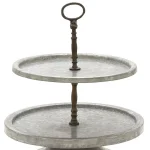 Benzara Modern 2-Tier Metal Serving Tray Stand with Handle, Galvanized Round Trays thumbnail 3