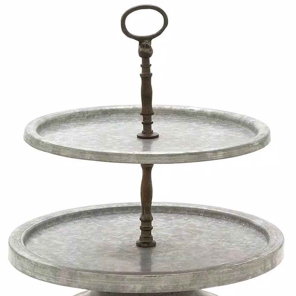 Benzara Modern 2-Tier Metal Serving Tray Stand with Handle, Galvanized Round Trays