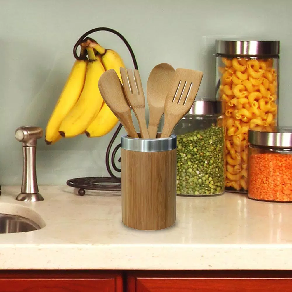 Home Basics 5-Piece Bamboo Kitchen Utensil Set with Vertical Standing Holder