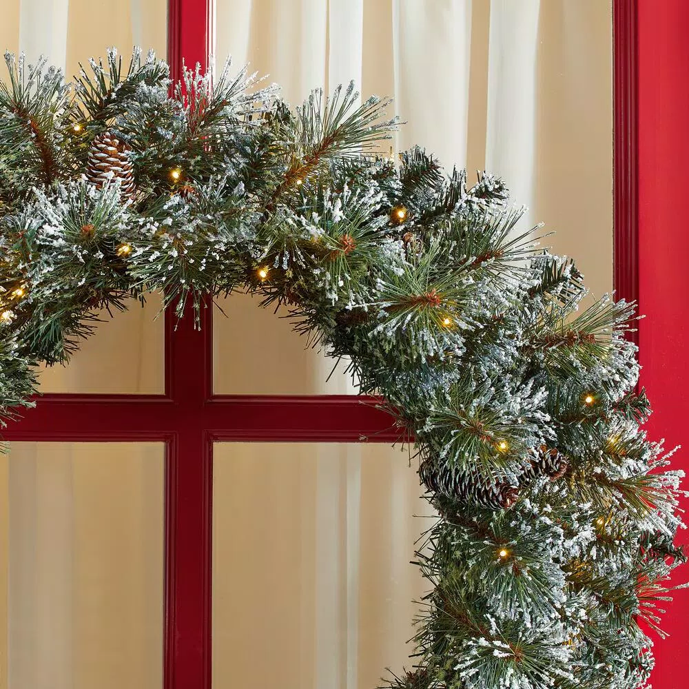 Home Accents Holiday 30in. Sparkling Amelia Pine Pre-lit LED Artificial Christmas Wreath with 50 Warm White Micro-Dot Lights