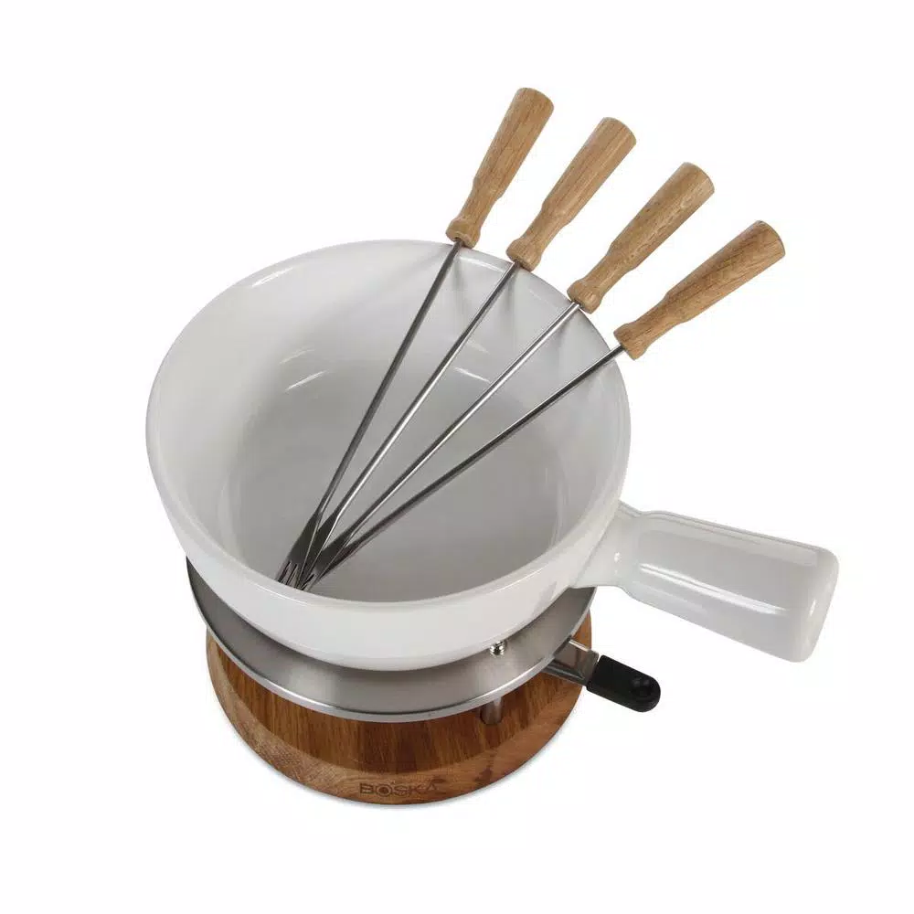 Boska Exclusive Collection 6-Piece Ceramic Fondue Set with Oak Base - White