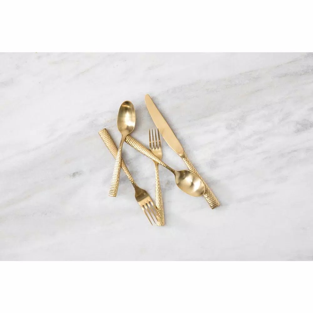 Fortessa Lucca Faceted 5-Piece 18/10 Stainless Steel Brushed Gold Flatware Place Setting