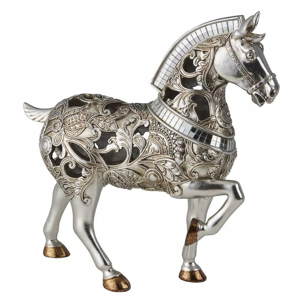 ORE International Langi Polyresin Trojan Horse Decorative Figurine with Mirrored Mane and Silver Filigree