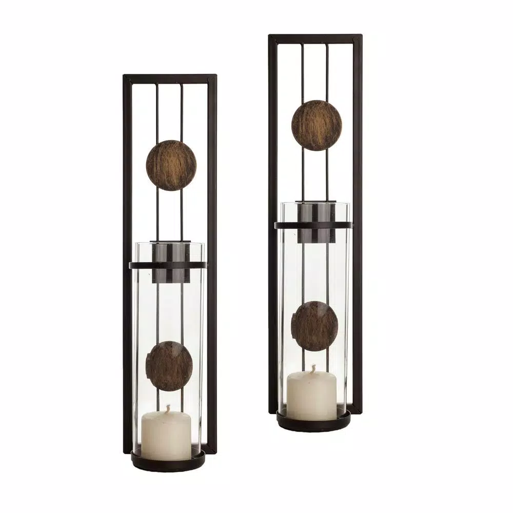 Danya B Contemporary Metal Brown Wall Candle Sconces with Antique Patina Medallions, Set of 2