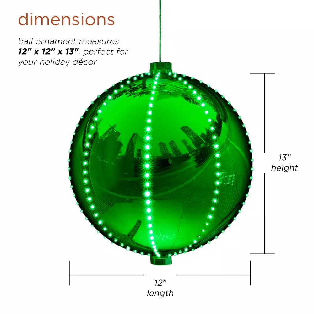 Alpine Corporation 13 in. Green Hanging Christmas Ball Ornament with 240 Chasing LED Lights