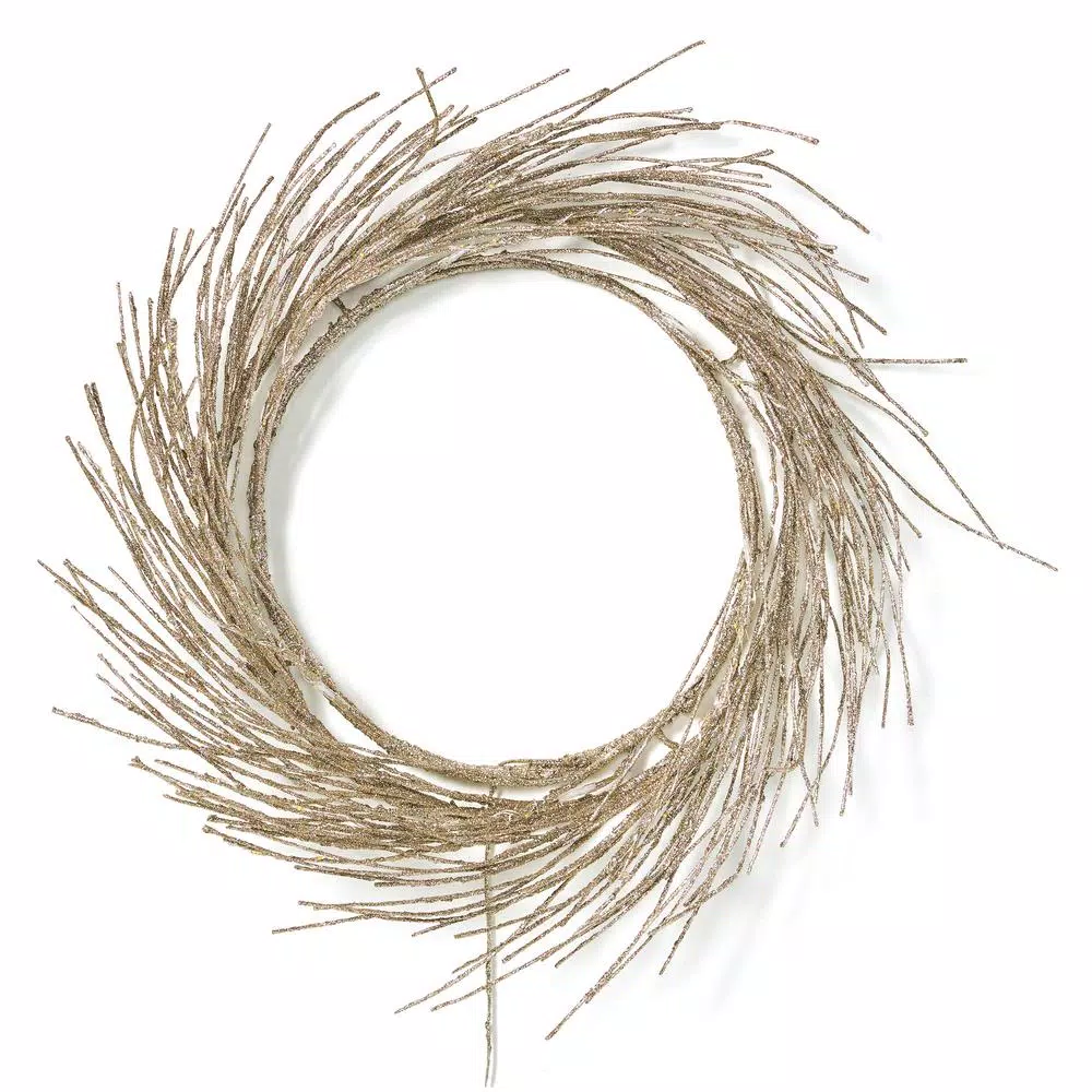Noble House 24 in. Champagne Glitter Pre-Lit Warm White LED Artificial Christmas Wreath