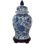 Oriental Furniture 18 in. Blue and White Porcelain Decorative Temple Jar Vase thumbnail 1