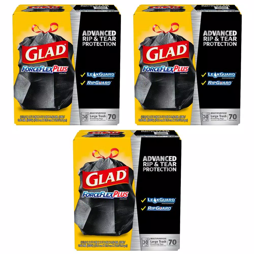 Glad ForceFlexPlus 30 Gallon Large Black Drawstring Trash Bags, 70-Count (3-Pack)