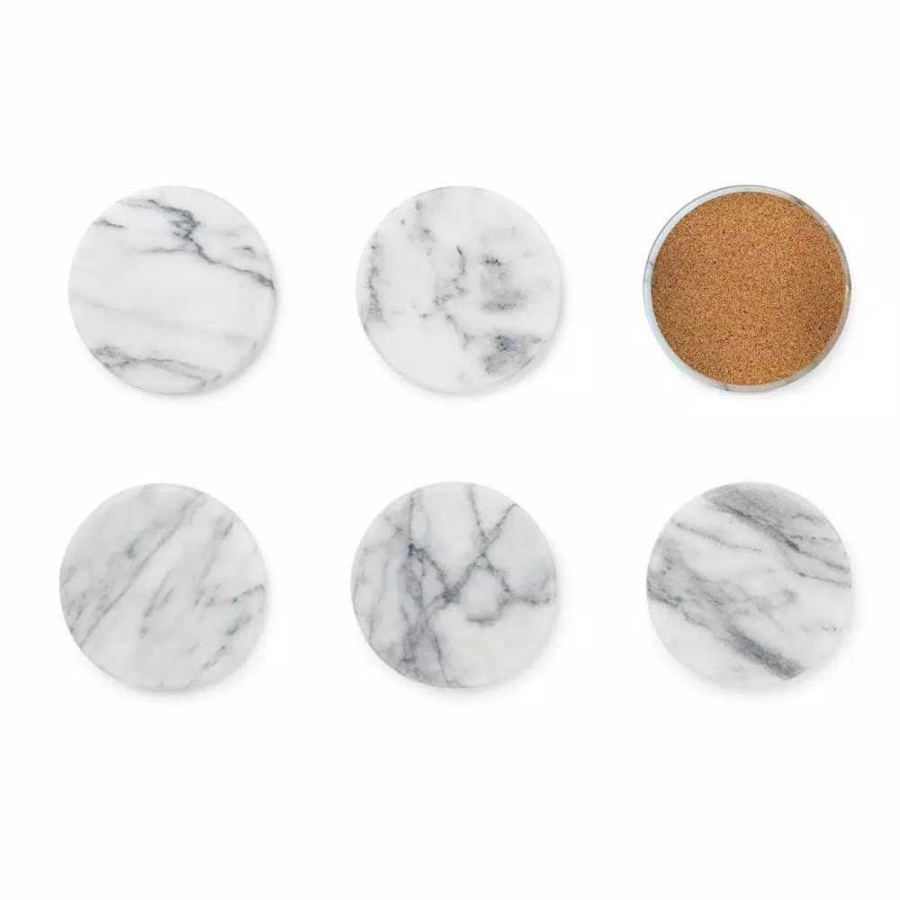 Fox Run White Marble Coasters, Set of 6, Natural Stone with Cork Underside