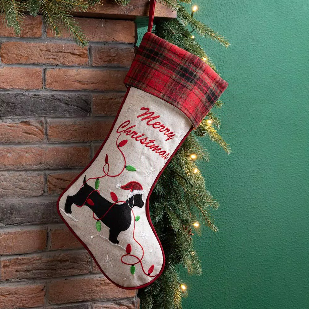 Glitzhome 21 in. Dachshund Fabric Christmas Stocking - White with Red Trim
