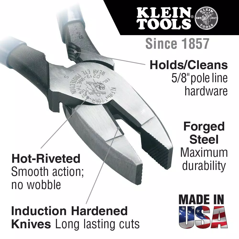 Klein Tools 9 in. High Leverage Lineman's Bolt-Thread Holding Side Cutting Pliers