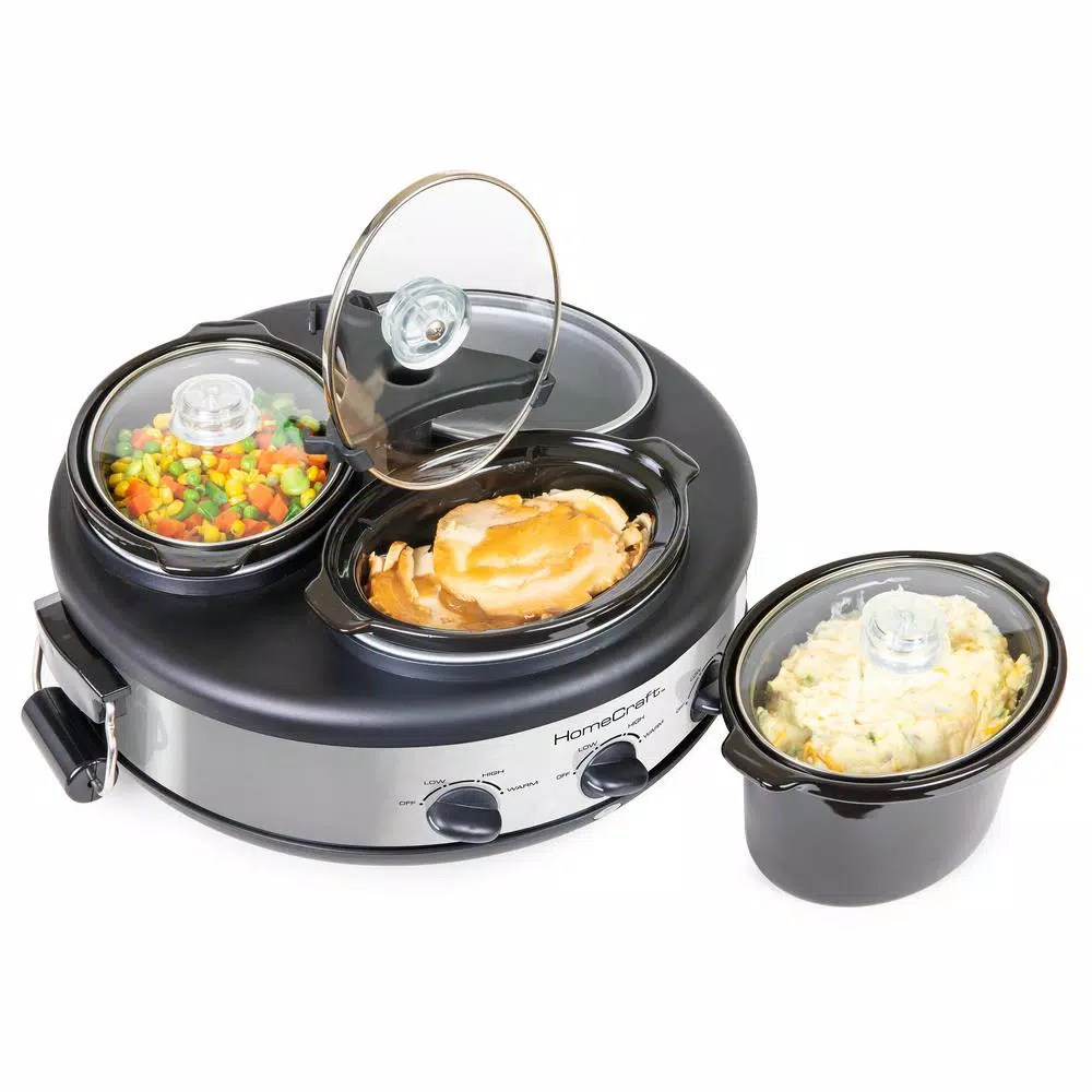HomeCraft Triple 1.5 qt. Stainless Steel Slow Cooker Buffet Server with 3 Ceramic Pots