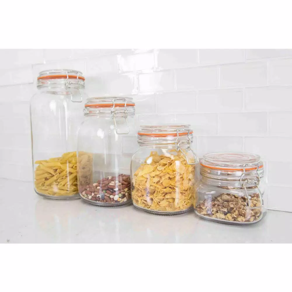 Home Basics 4-Piece Glass Kitchen Canister Set with Airtight Metal Clamp Flip Top Lids