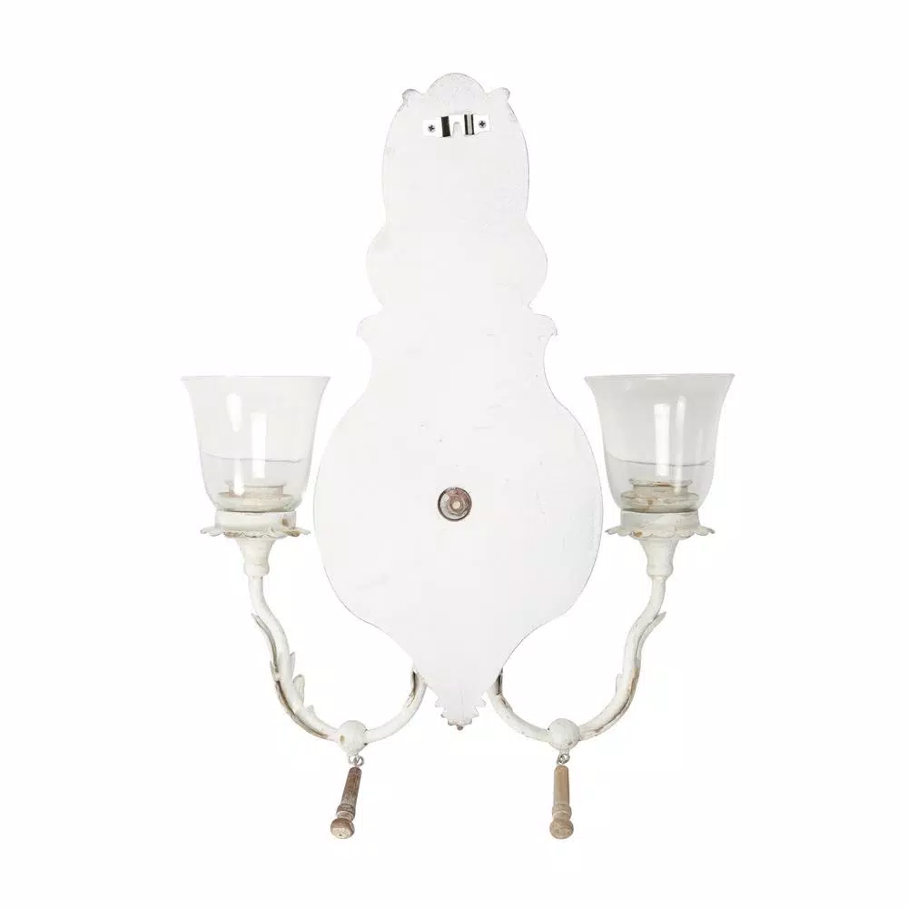 LITTON LANE Distressed White 2-Light Candle Sconce with Acanthus Carvings and Wood Bead Accents