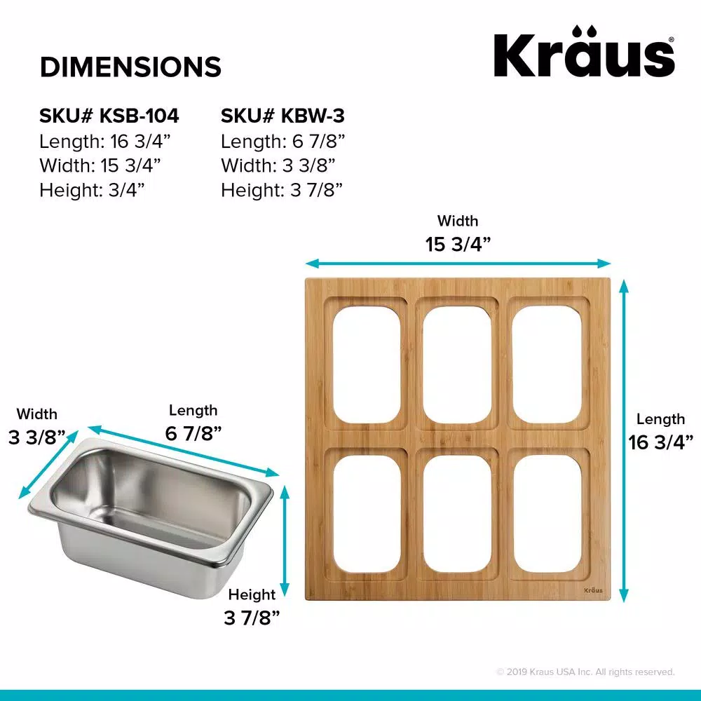 Kraus Workstation Kitchen Sink Accessory Set with Bamboo Serving Board and 6 Stainless Steel Prep Bowls