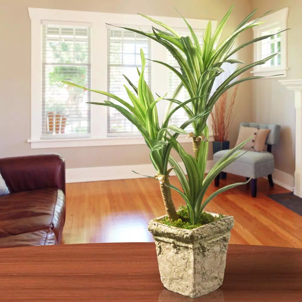 Unbranded 14 in. Artificial Green Yucca Plant in Distressed Cement Style Pot