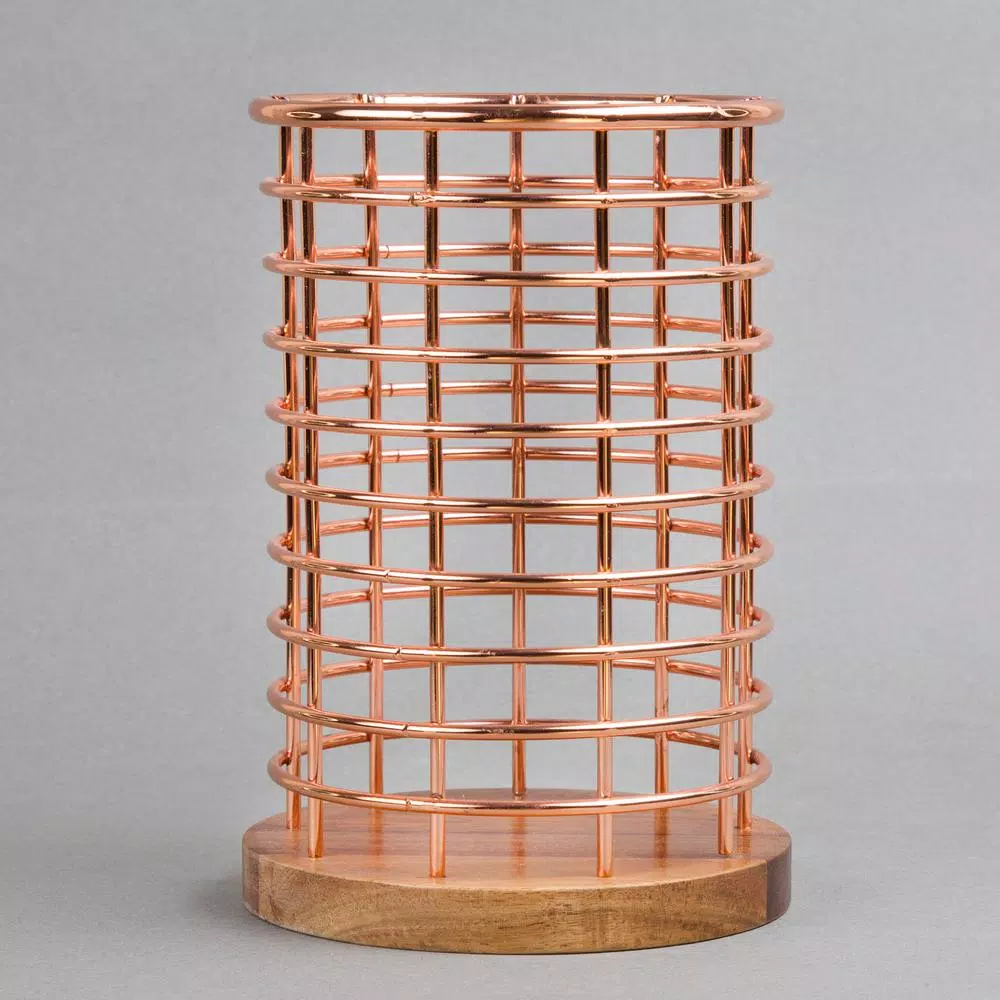 Creative Home Acacia Wood and Copper Iron Wire Utensil Tool Holder Crock