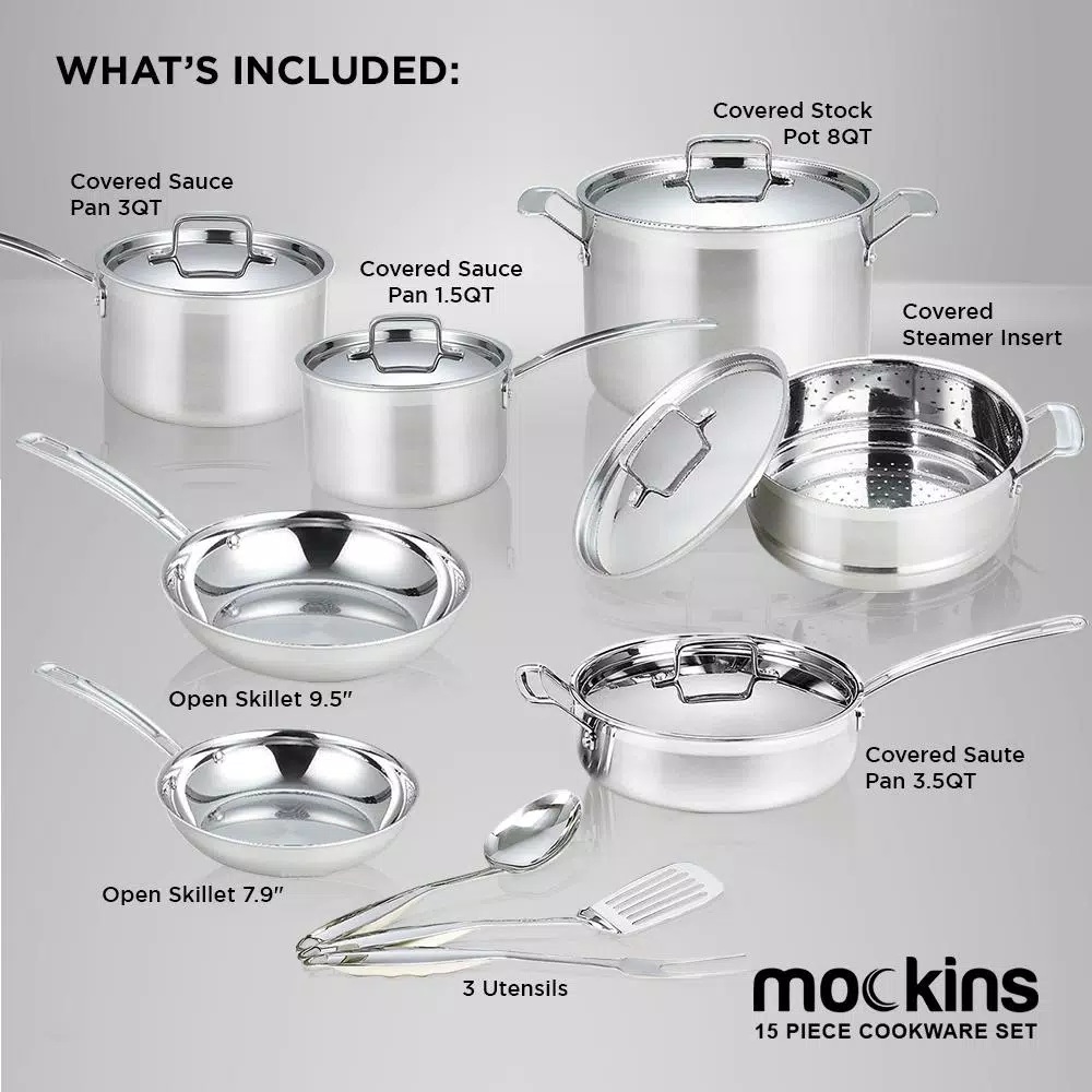 Mockins 15-Piece Tri-Ply Stainless Steel Cookware Set with Lids