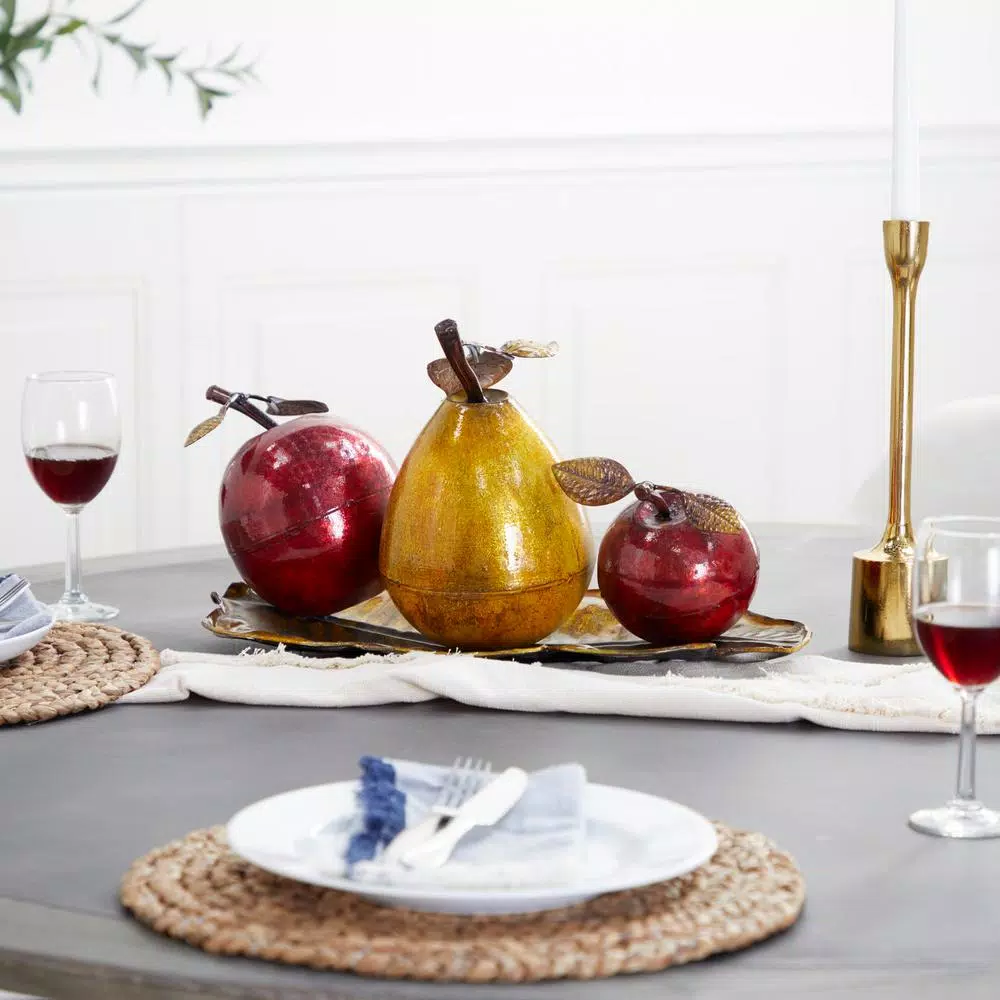 LITTON LANE Elegant Metal Fruit Sculpture Set - Golden Pear and Red Apples on Leaf Tray Base