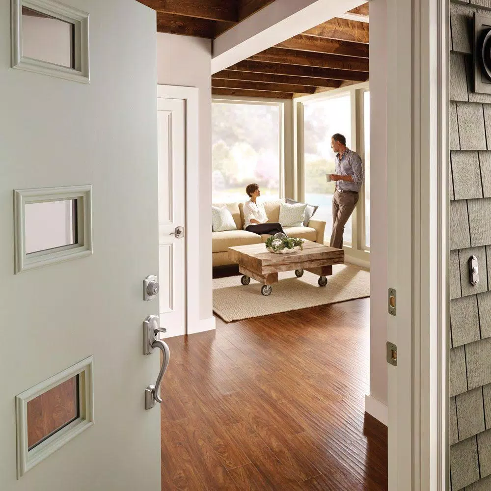 Schlage Camelot Single Cylinder Deadbolt with Siena Knob Handleset, Satin Nickel