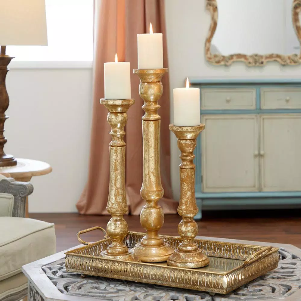 LITTON LANE Golden Mango Wood Candle Holder Set, Set of 3, Distressed Gold Finish