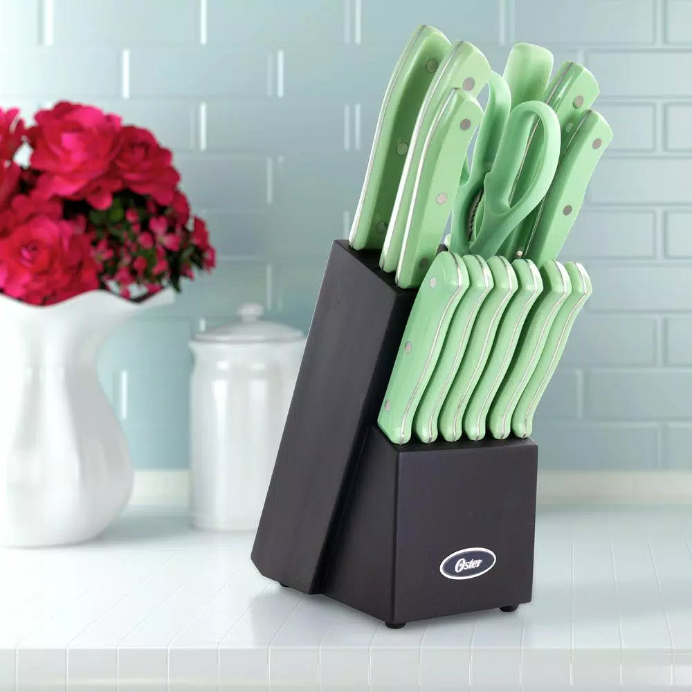Oster Evansville 14-Piece Stainless Steel Knife Set with Hardwood Block in Turquoise