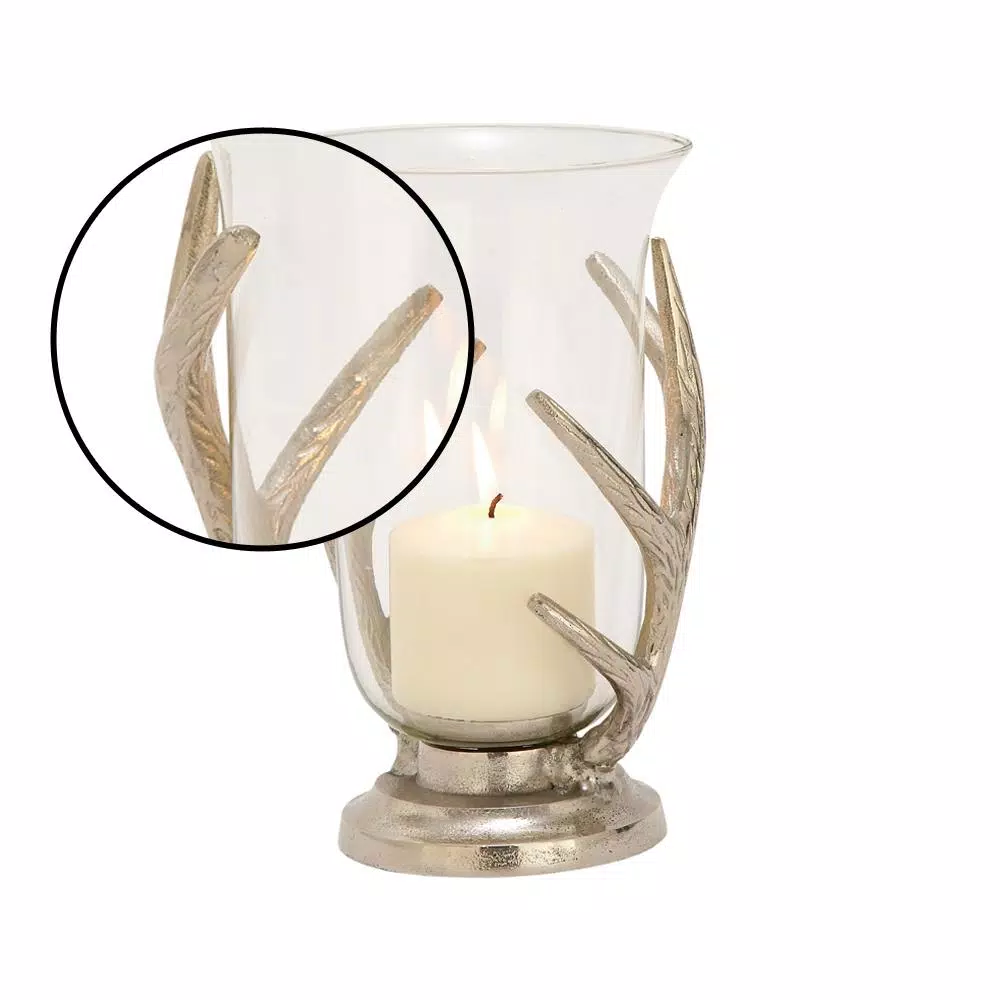 LITTON LANE 10 in. Aluminum Antler and Frosted Glass Hurricane Candle Holder, Silver