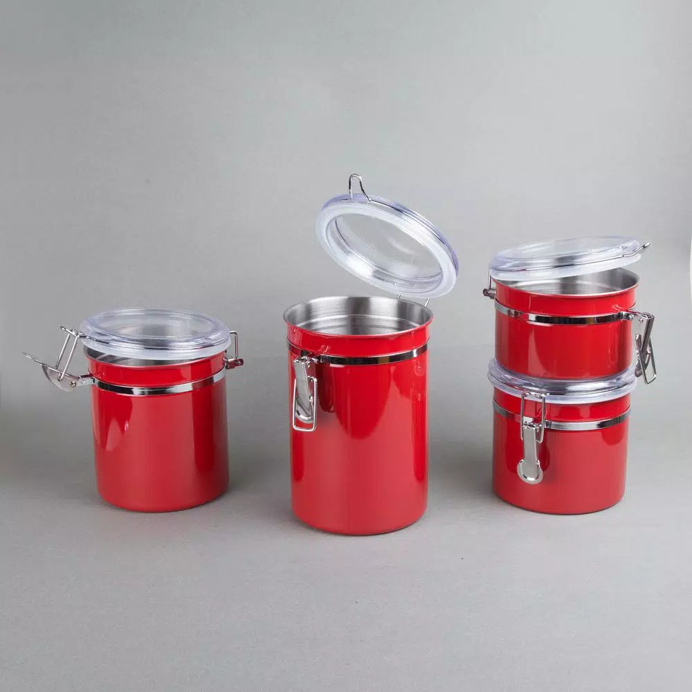 Creative Home 4-Piece Red Stainless Steel Canister Set with Airtight Locking Clamp Lids