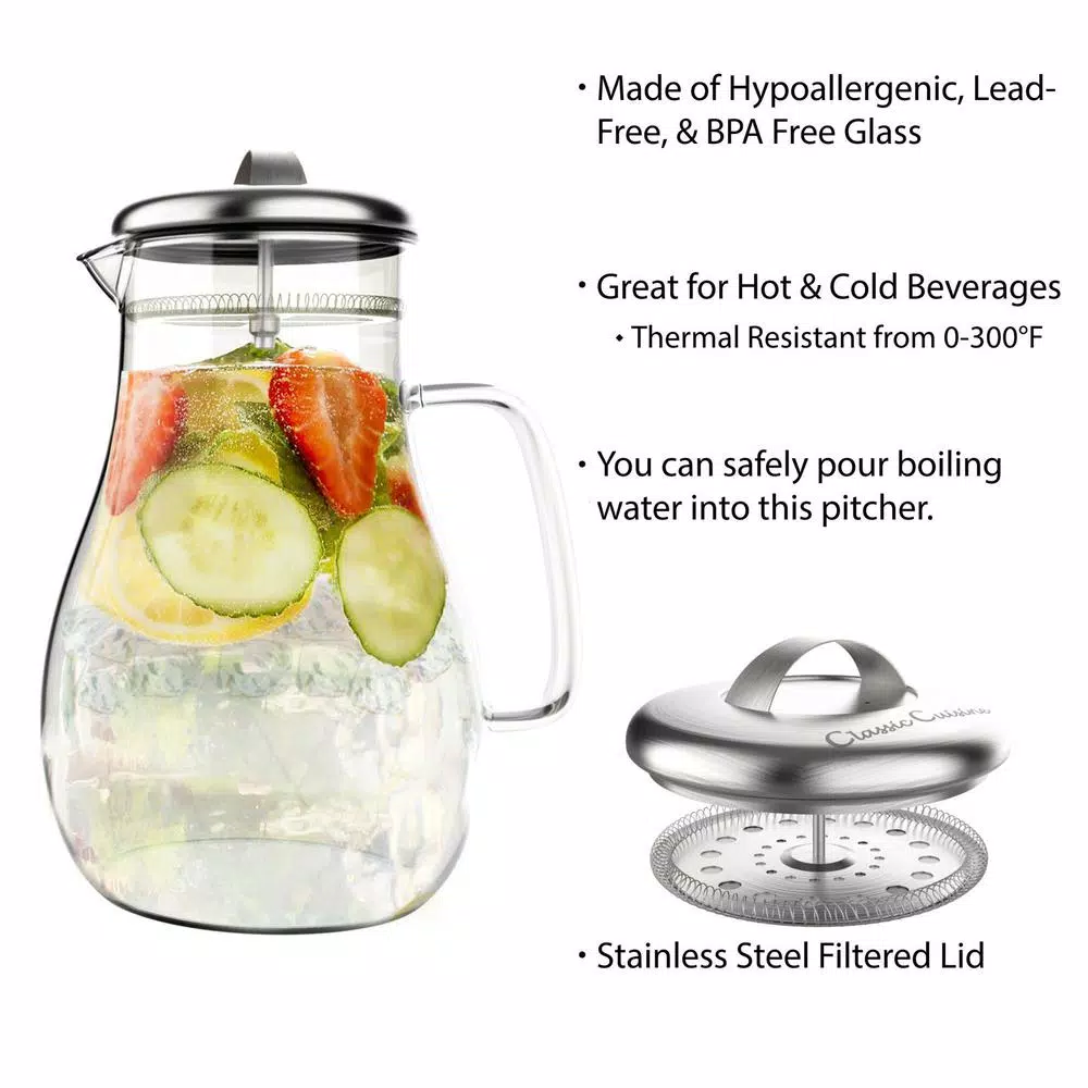 Classic Cuisine 64 oz. Borosilicate Glass Pitcher with Stainless-Steel Filter Lid