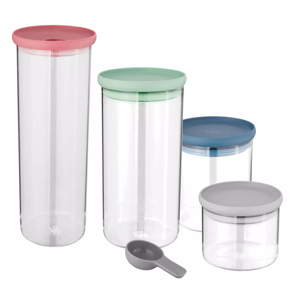 BergHOFF Leo Glass Covered Container Set with Scoop and Pasta Dispenser, 4-Piece Stackable Set