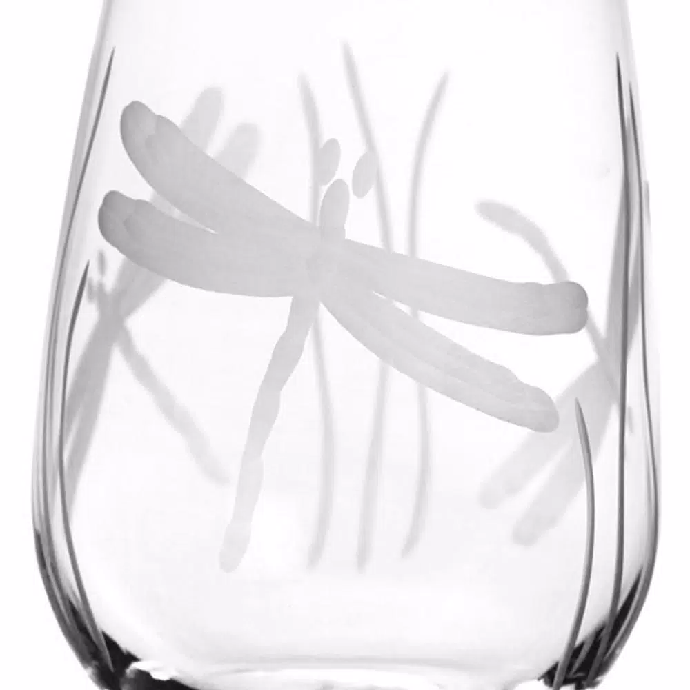 Rolf Glass Dragonfly 17 oz. Etched Stemless Wine Glass Set of 4, Clear Glassware