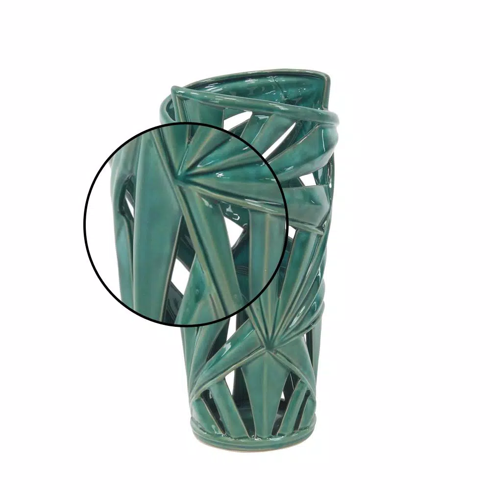 CosmoLiving by Cosmopolitan 16 in. Emerald Green Ceramic Palm Leaf Decorative Vase - Modern Coastal Stoneware
