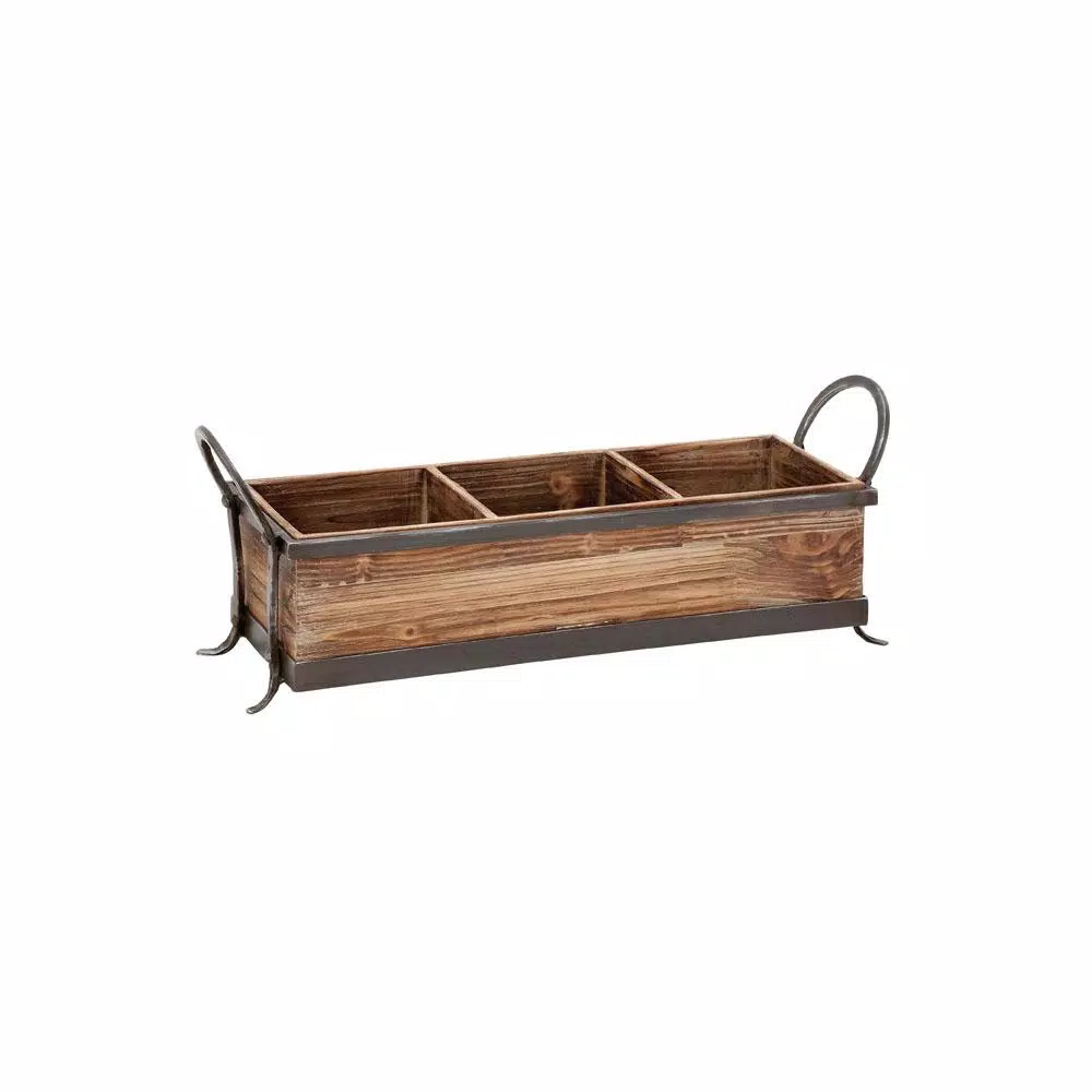 LITTON LANE Rustic Elegance 23" Wood and Iron 3-Compartment Rectangular Farmhouse Tray