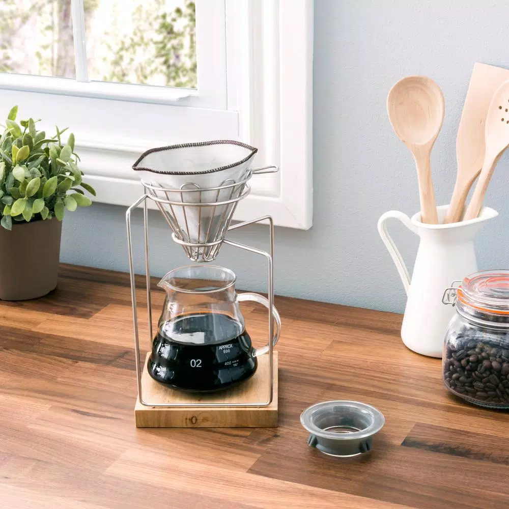 Old Dutch 20oz Stainless Steel Pour Over Coffee Maker Set with Glass Carafe and Rubberwood Base