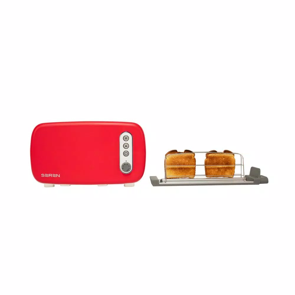 BergHOFF Seren 2-Slice Red Long Slot Toaster with Side Loading Design and Serving Tray Cover