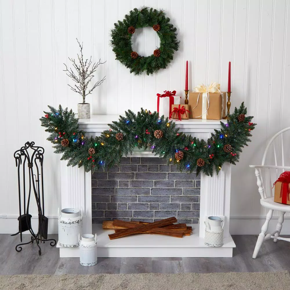 Nearly Natural 6 ft. Pre-Lit Snow Dusted Artificial Christmas Garland with 50 Multi-Color LED Lights