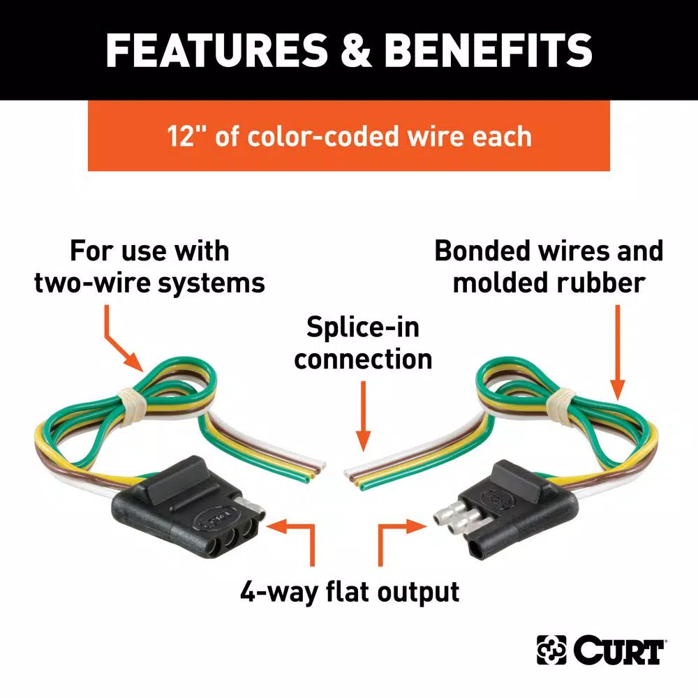 CURT 4-Way Flat Trailer Connector Kit with 12" Color-Coded Wires