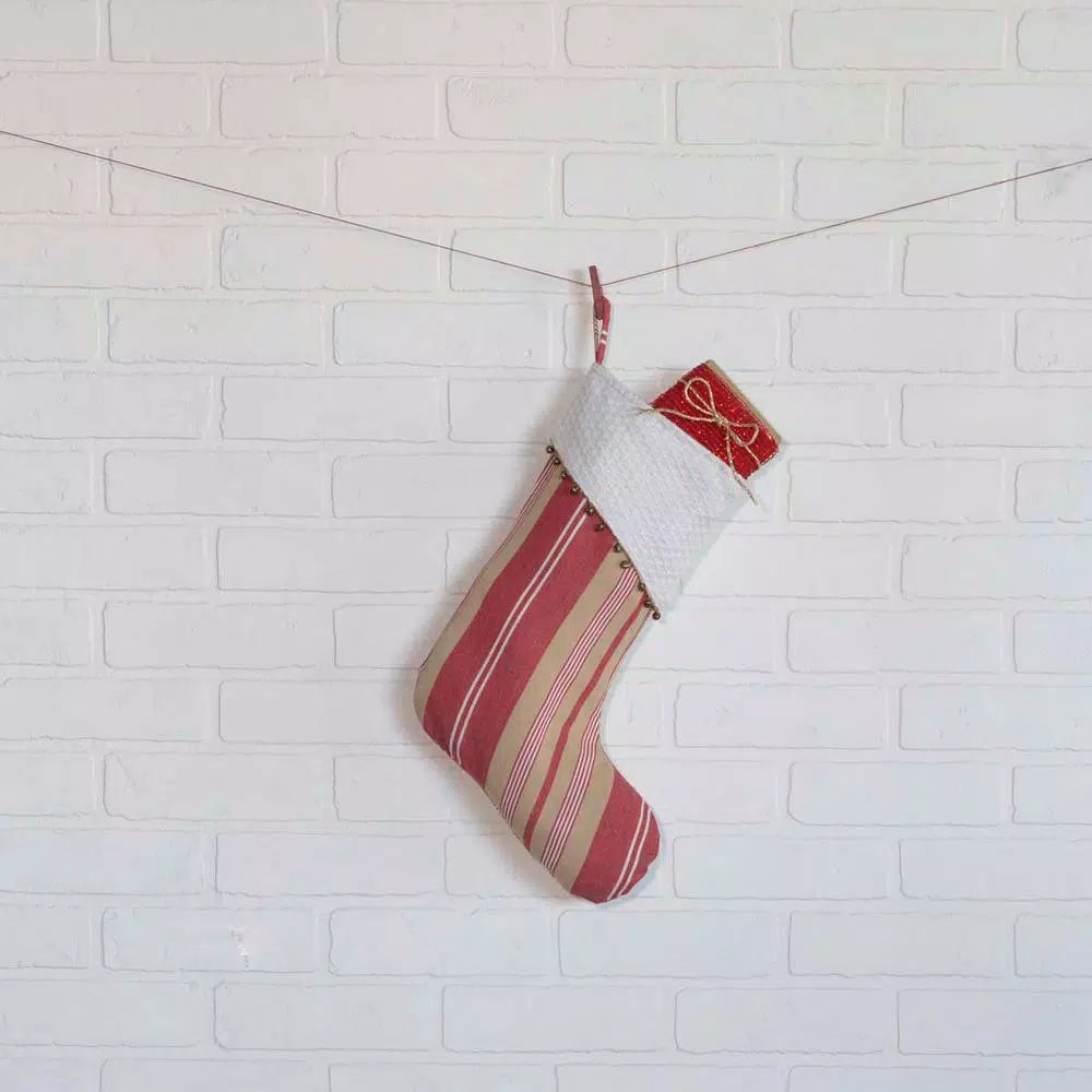VHC Brands 15 in. Vintage Stripe Cotton Christmas Stocking - Candy Apple Red, Khaki & Snow White