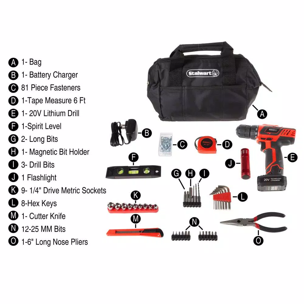 Stalwart 20V Lithium-Ion Cordless 3/8 in. Drill/Driver Kit with 122-Piece Accessory Set