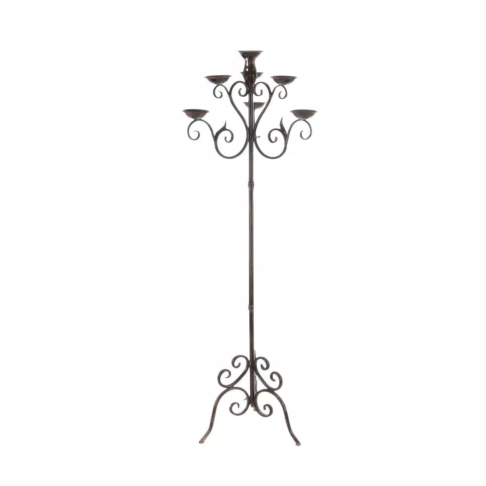 LITTON LANE 61 in. Brown Iron Scroll Design 7-Light Candelabra Floor Stand