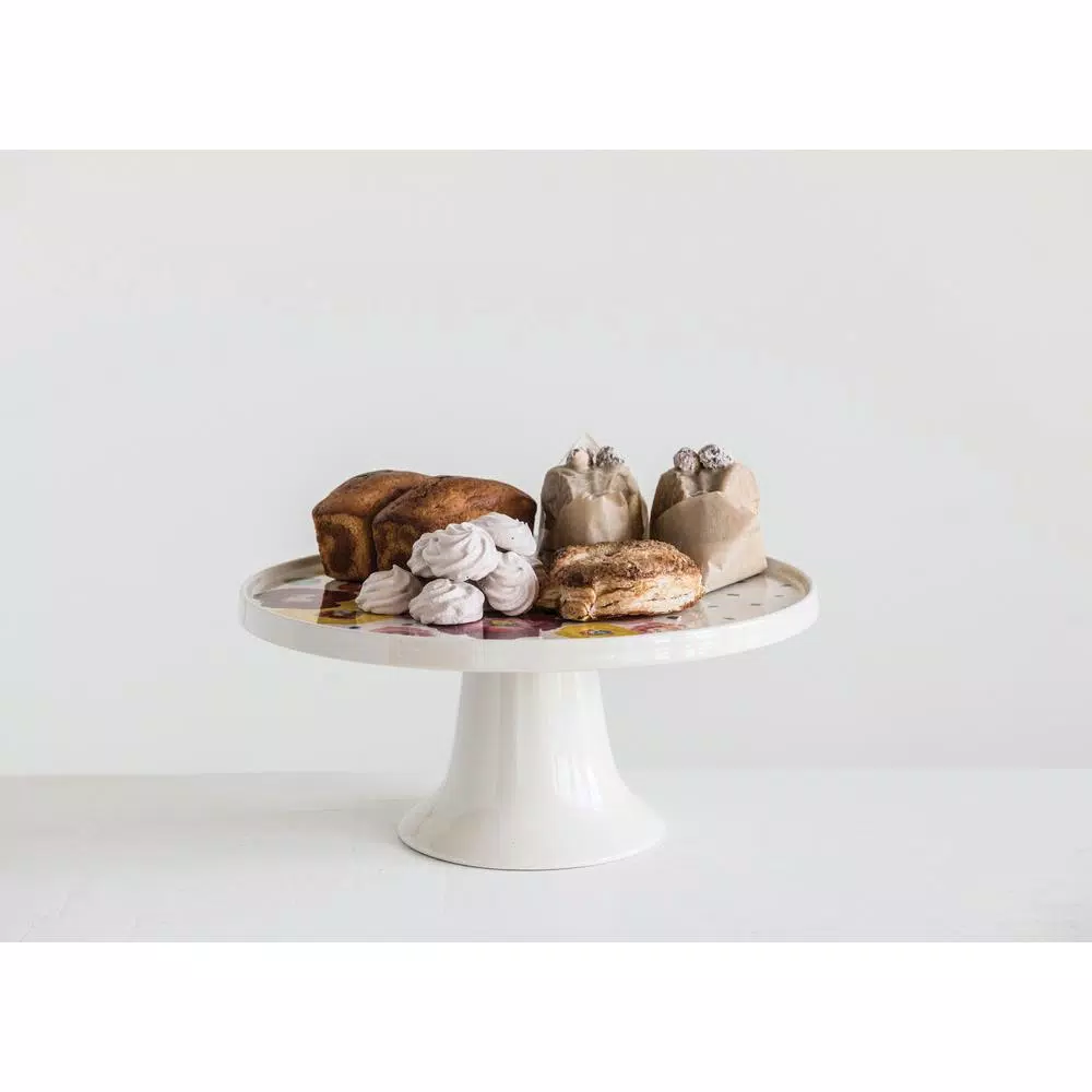3R Studios White Stoneware Single-Tier Cake Stand with Multicolor Floral Design