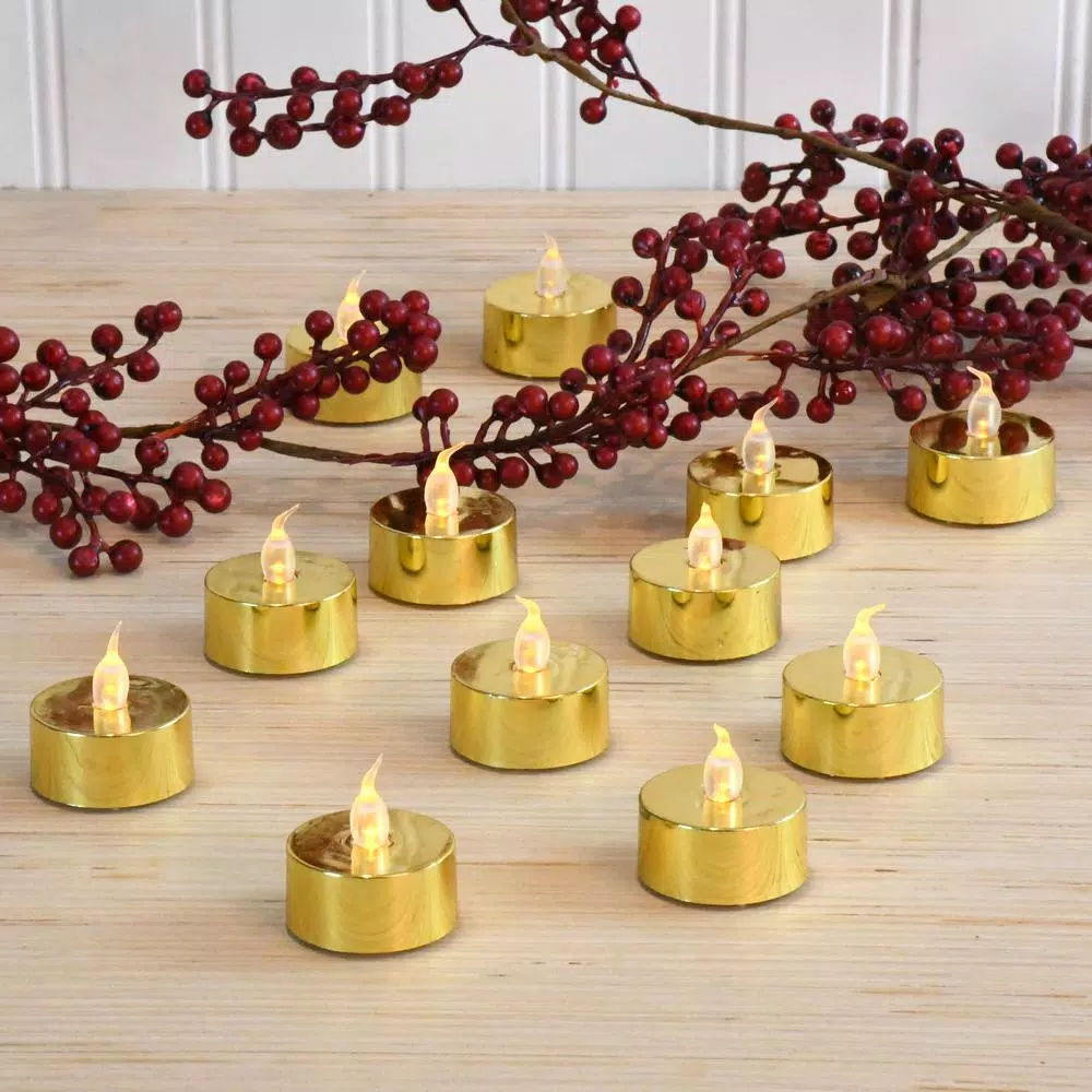 LUMABASE Gold Plated LED Tea Light Candles, 12-Count Battery Operated Flickering Amber Glow