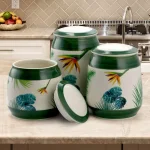 Elama Paradise Palms 3-Piece Green Ceramic Kitchen Canister Set with Airtight Lids thumbnail 1