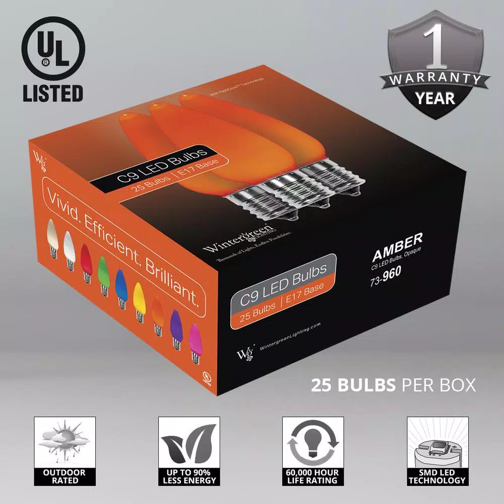 Wintergreen Lighting OptiCore C9 LED Orange Smooth Opaque Replacement Light Bulbs, 25-Pack