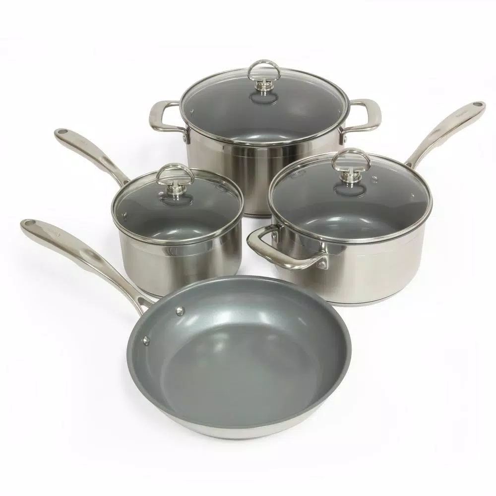 Chantal Induction 21 Steel 7-Piece Ceramic Nonstick Stainless Steel Cookware Set, Brushed Stainless Steel